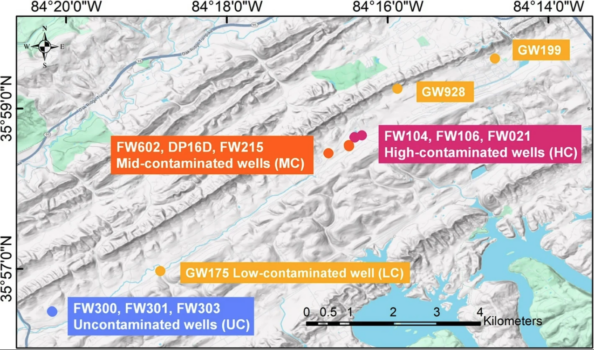 Image showing the location of different wells on a topographical map.